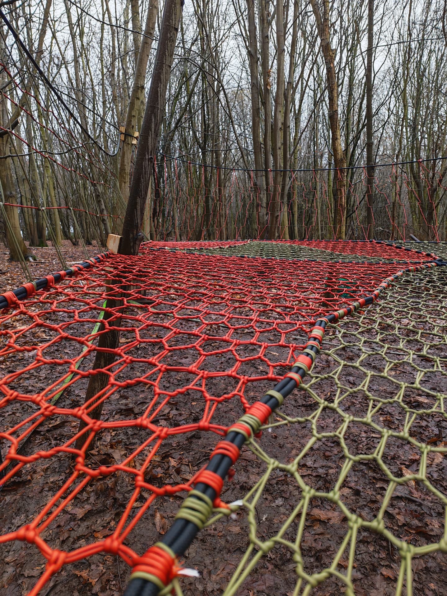Low-level view along the red and olive knotted netting of the Wild at Heart Learning net