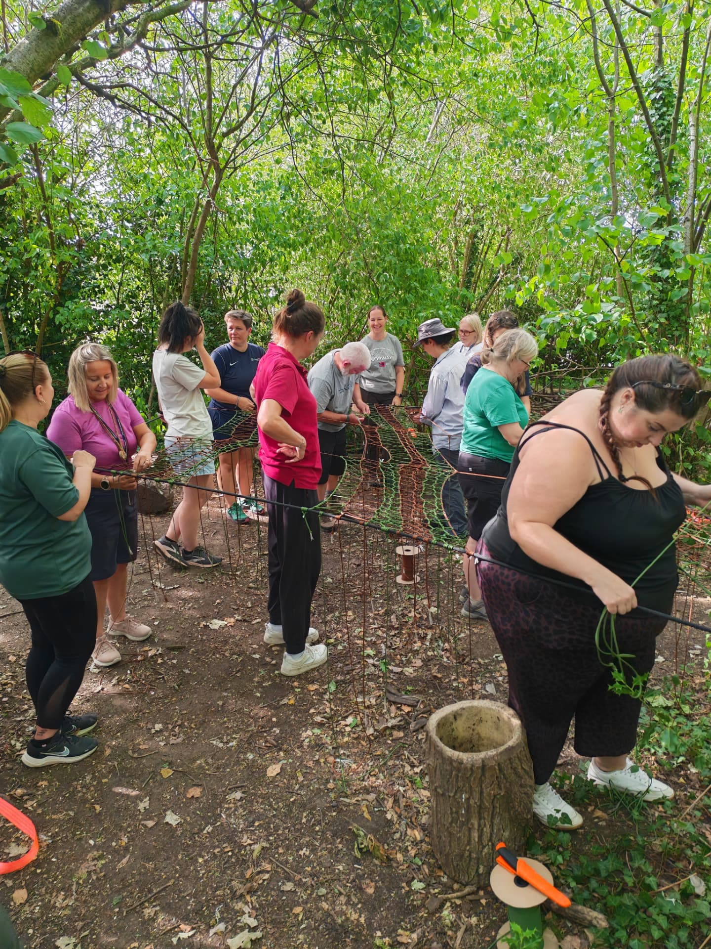Large group working along a net frame, weaving cord under woodland canopy