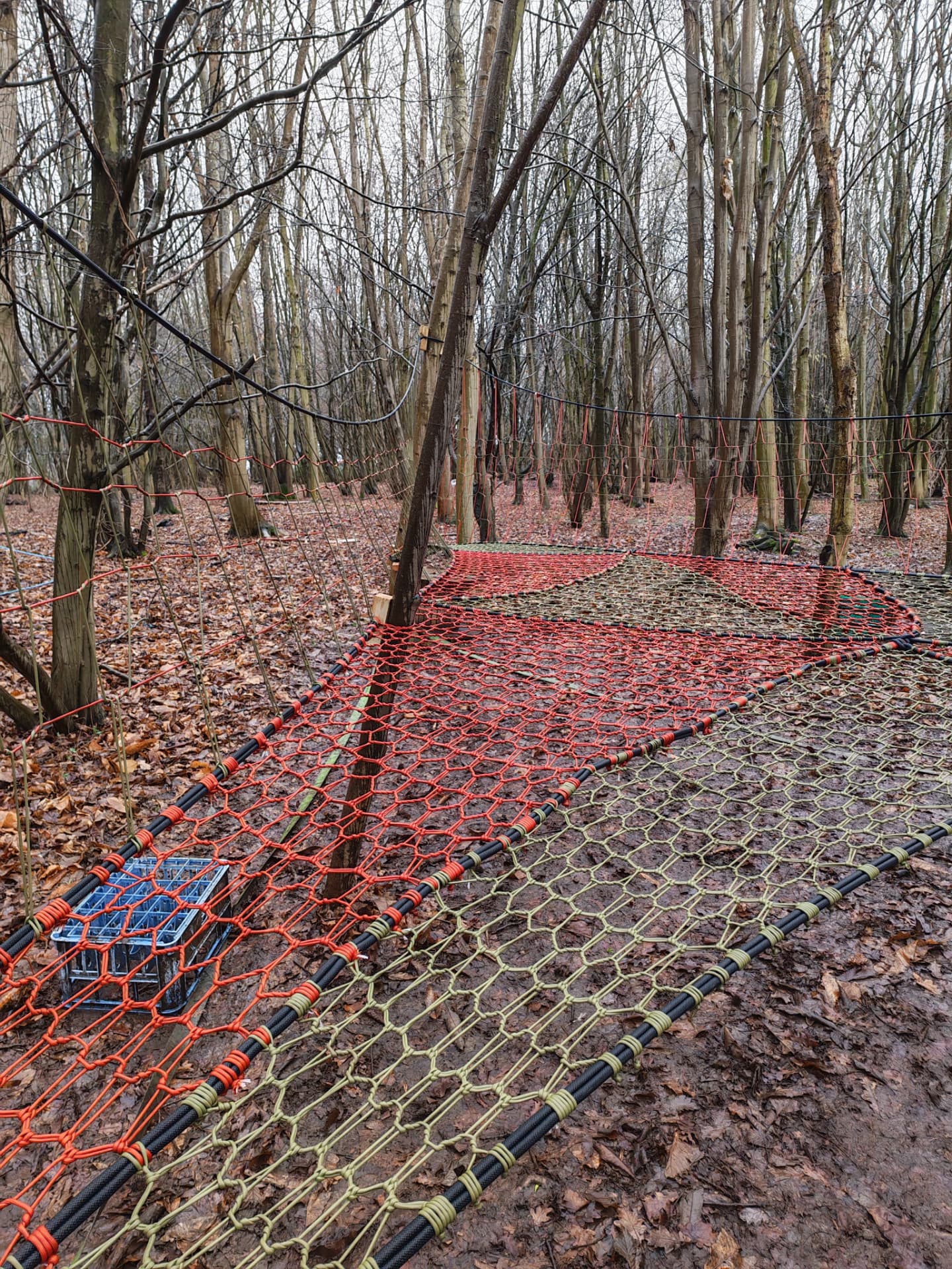 Wide view of the red and olive woven net panels edged with black rope between slender trees
