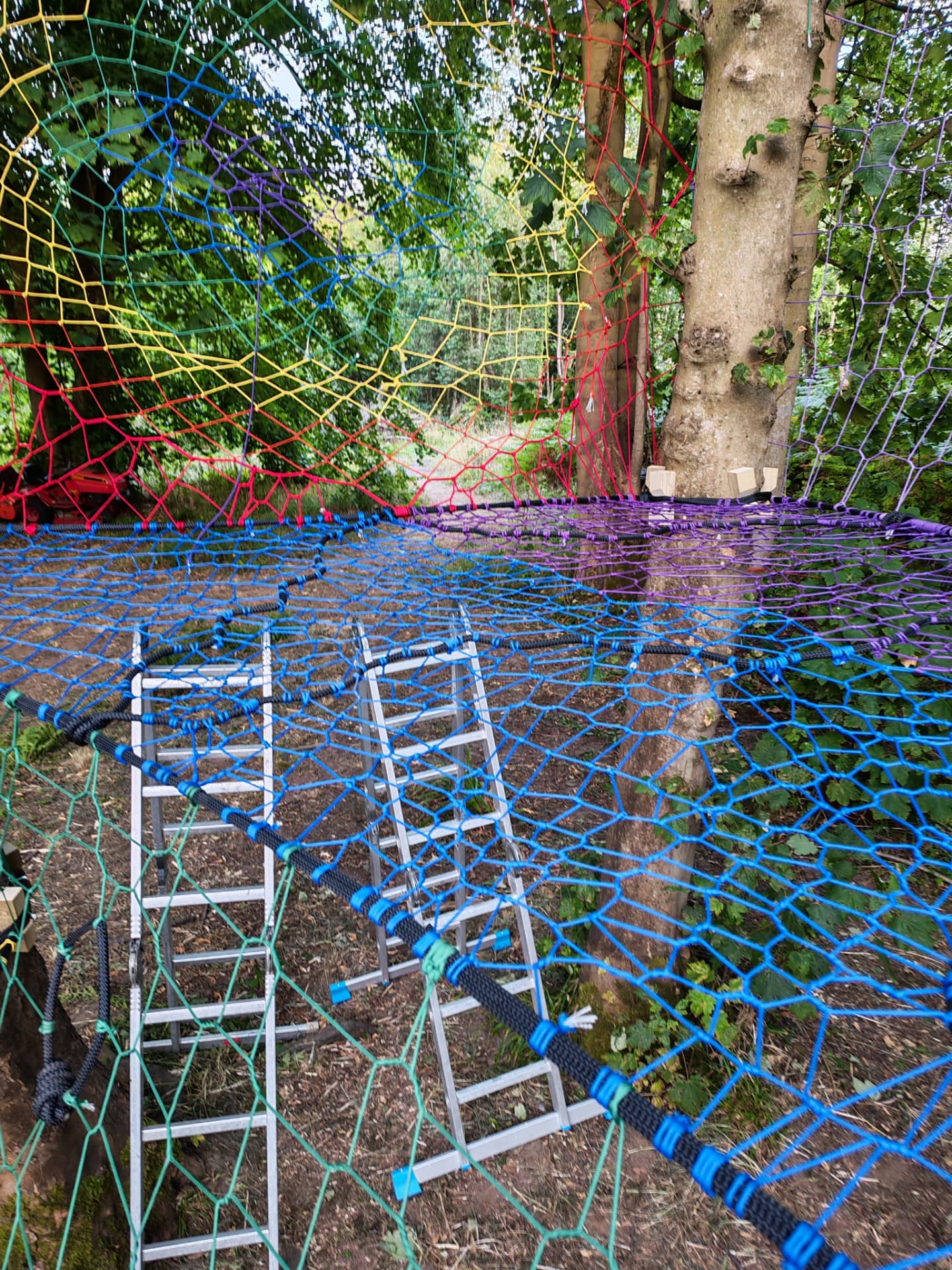 Blue and purple platform netting of the Halkyn Woods TreeNet seen from the edge