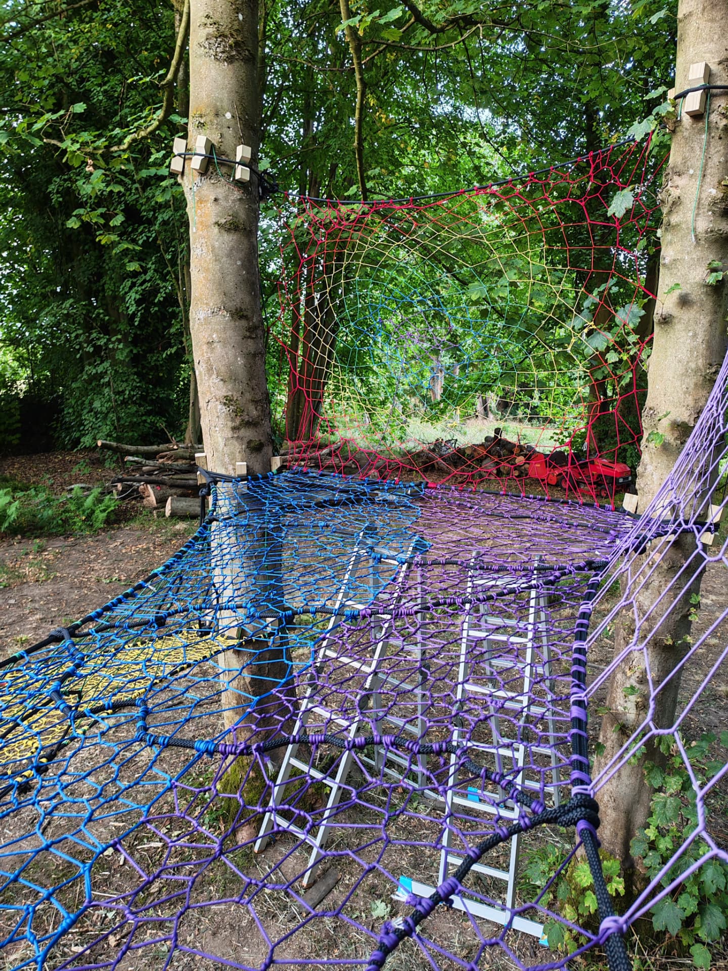 Full Halkyn Woods TreeNet installation with rainbow net wall and large purple and blue platform