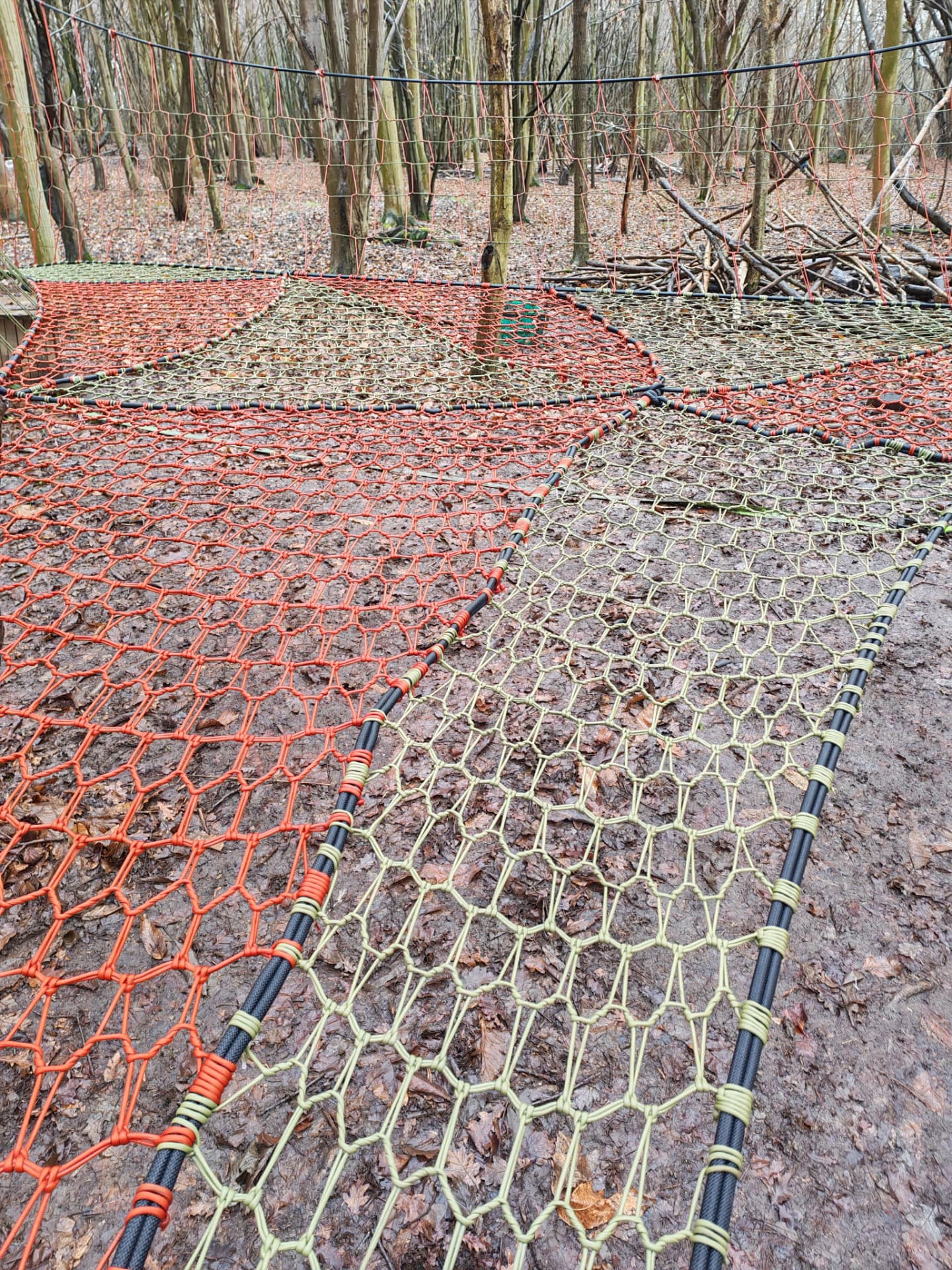 The multi-panel net platform seen across the woodland floor with red climbing walls behind