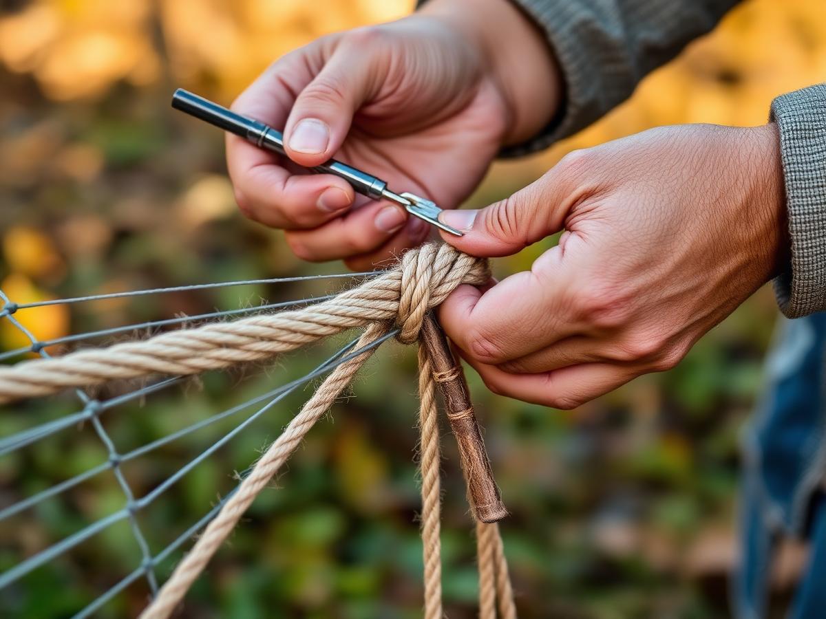 Close-up of hands tying rope knots during a TreeNet installation course