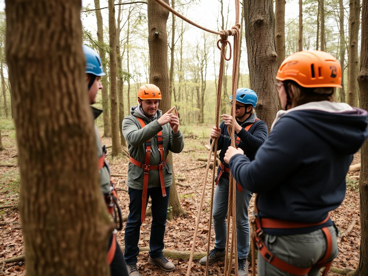 Group learning rope rigging techniques on a TreeNet training course in woodland