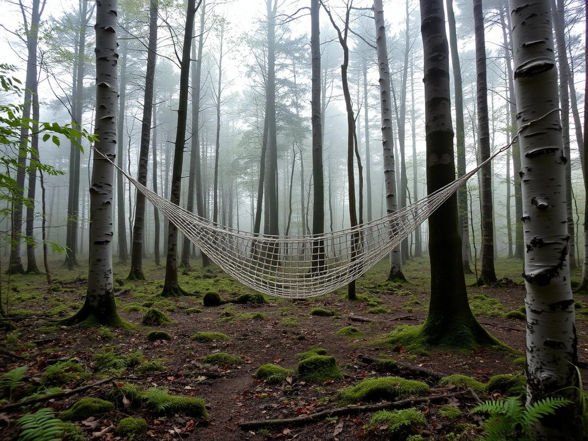 Woodland clearing with a hand-woven TreeNet slung between birch trees